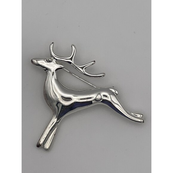 Christmas Reindeer Buck Shiny Silver Tone Brooch 2" Holiday - Picture 1 of 8
